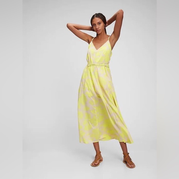 GAP Tie-Waist Cami Maxi Floral Dress Neon Yellow Tan Medium - Picture 1 of 11
